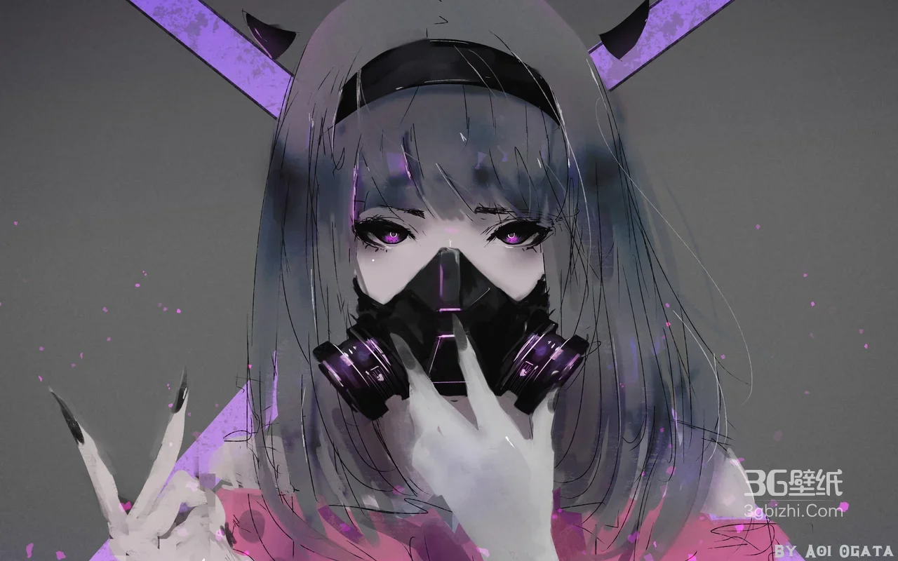 神秘防毒面具少女·暗黑赛博风（Aoi Ogata插画）高人气宽屏电脑壁纸1