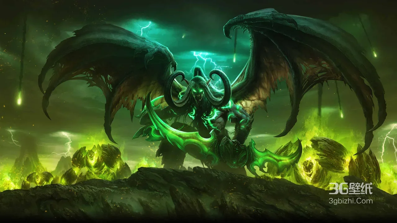 伊利丹·怒风邪能形态手持埃辛诺斯战刃暗黑奇幻魔兽世界高燃游戏场景1