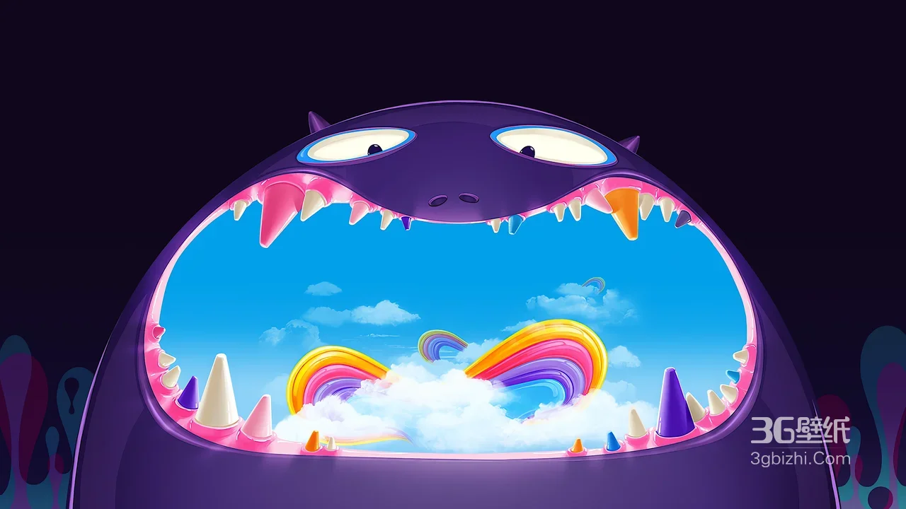 紫色怪物张口含奇幻天空 彩虹云朵交织奇幻卡通超高清奇幻场景1