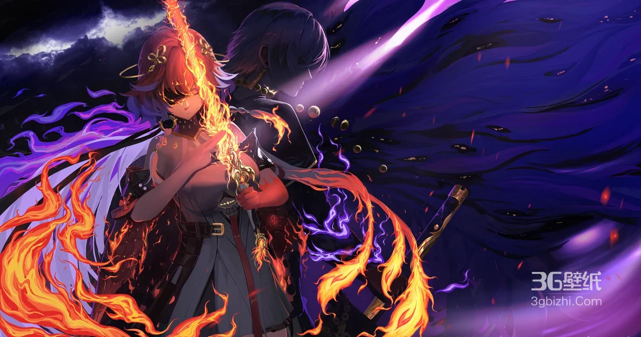 红发炽焰少女与黑发刀客·二次元奇幻风格桌面背景素材1