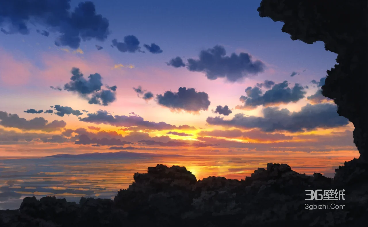 海崖断壁洞口望落日熔金海面·唯美写实风景·高清风景1