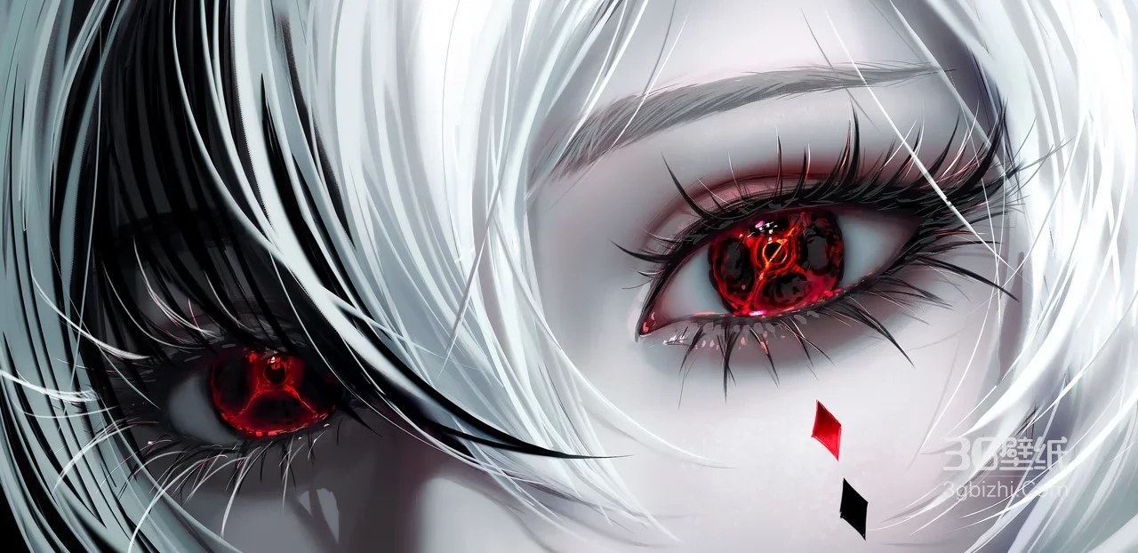 原创暗黑动漫人物·绯红魔瞳黑白发丝 哥特风高人气电脑壁纸1