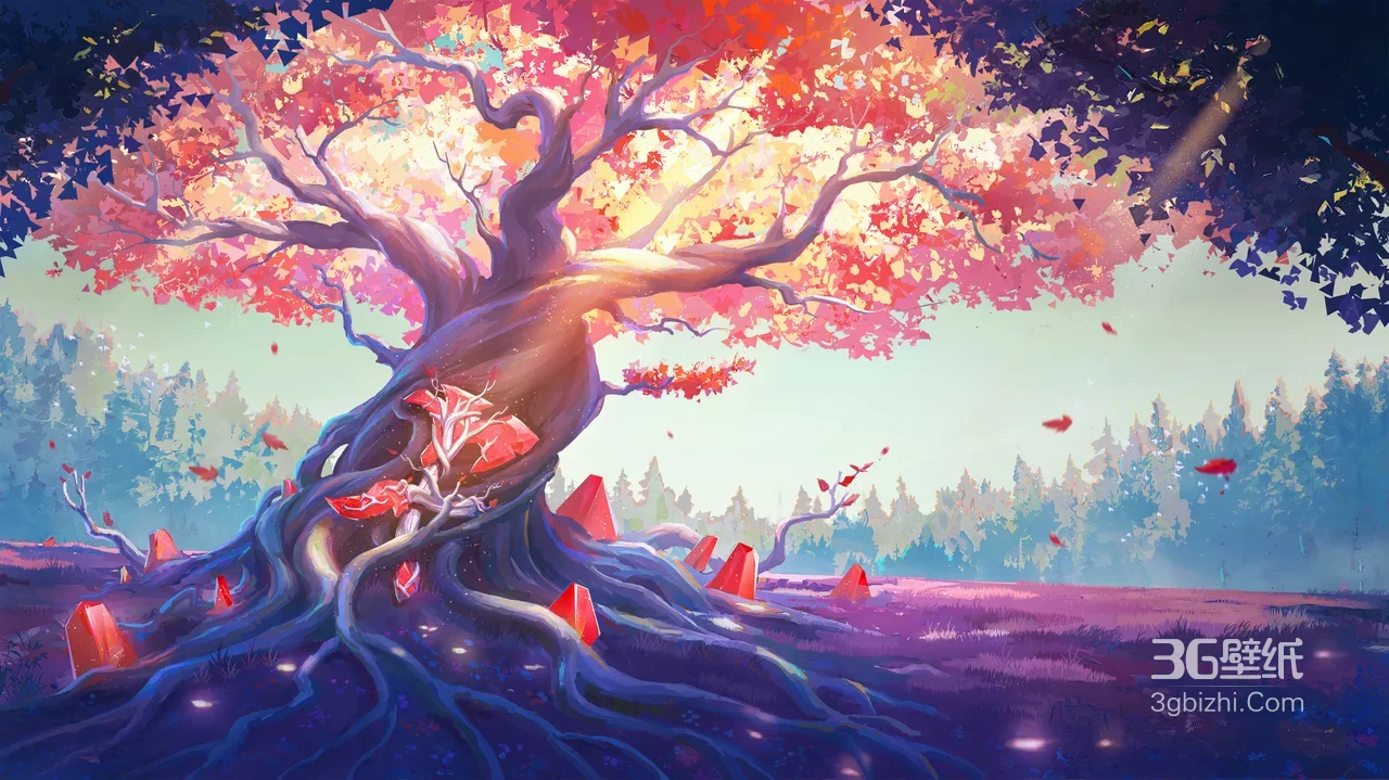 奇幻古树·红晶萦绕 唯美游戏风森林场景 超宽屏电脑壁纸1