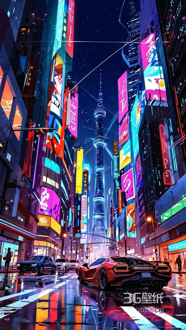 赛博朋克未来都市绚烂夜景·霓虹广告牌与螺旋高塔·超高清1