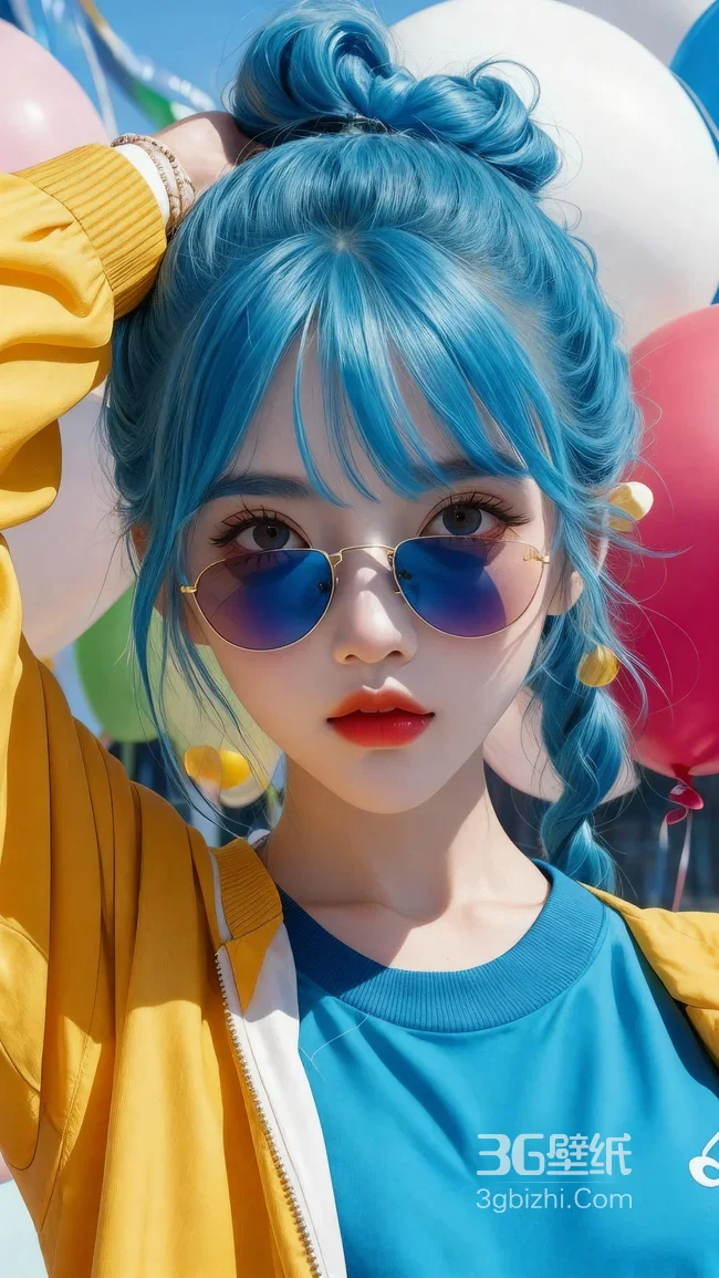 蓝发双马尾少女·元气夏日·彩色气球环绕日系清新风高清锁屏1