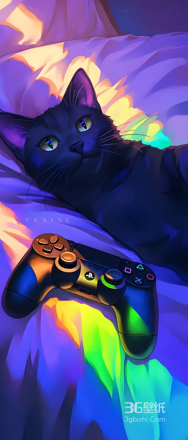 黑猫&PS手柄·霓虹炫彩风 赛博朋克猫控手机背景图1