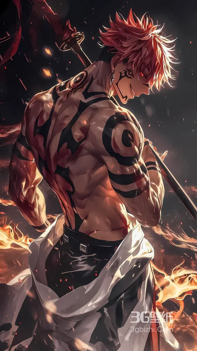 红发纹身刀客“两面宿傩”背身持刀·肌肉贲张燃焰背景热血二次元热血角色1