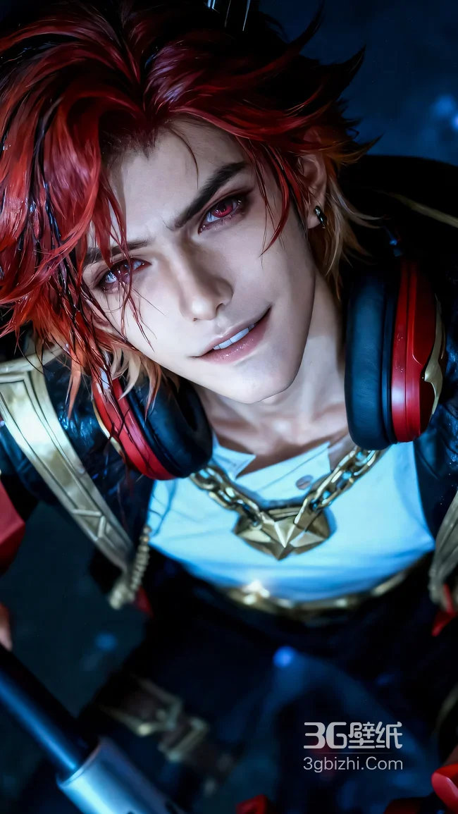 红发热血帅哥写实cos 红黑耳机金链酷飒壁纸1