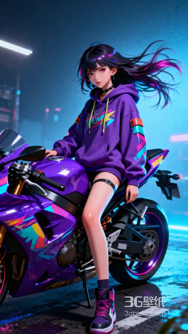 赛博朋克少女·紫色涂鸦摩托与霓虹雨夜 超高清壁纸1