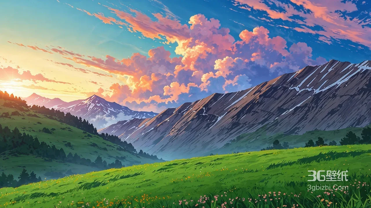 山野草原雪山日落·日式动漫唯美风 治愈电脑壁纸1