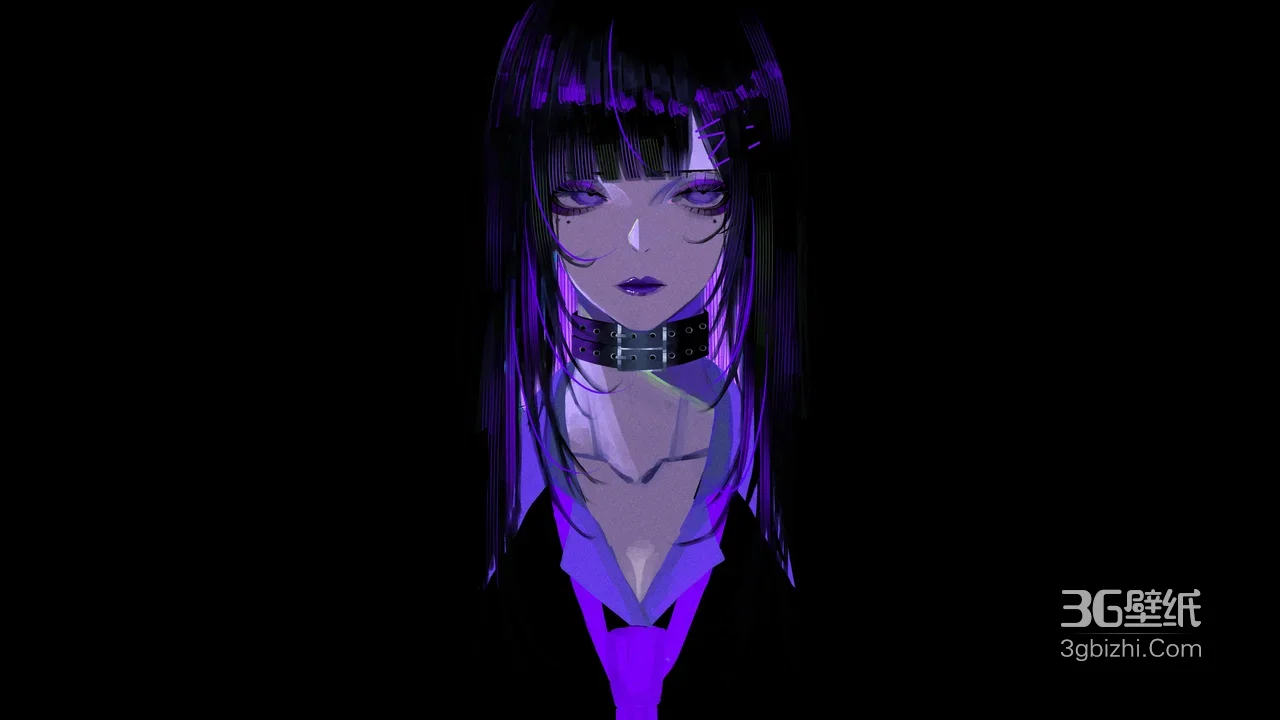 暗黑赛博朋克动漫少女·紫瞳黑项圈 超酷电竞桌面背景1