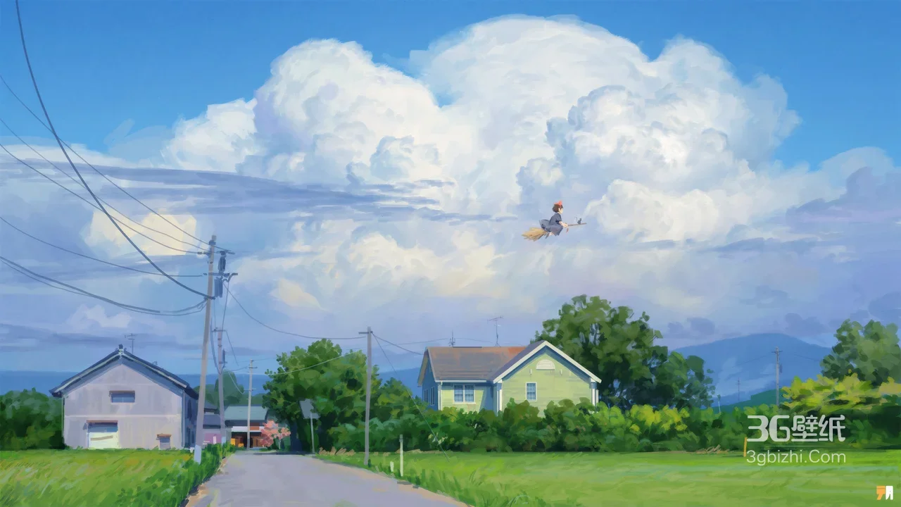 琪琪（魔女宅急便）·骑扫帚 日系乡村唯美电脑壁纸1