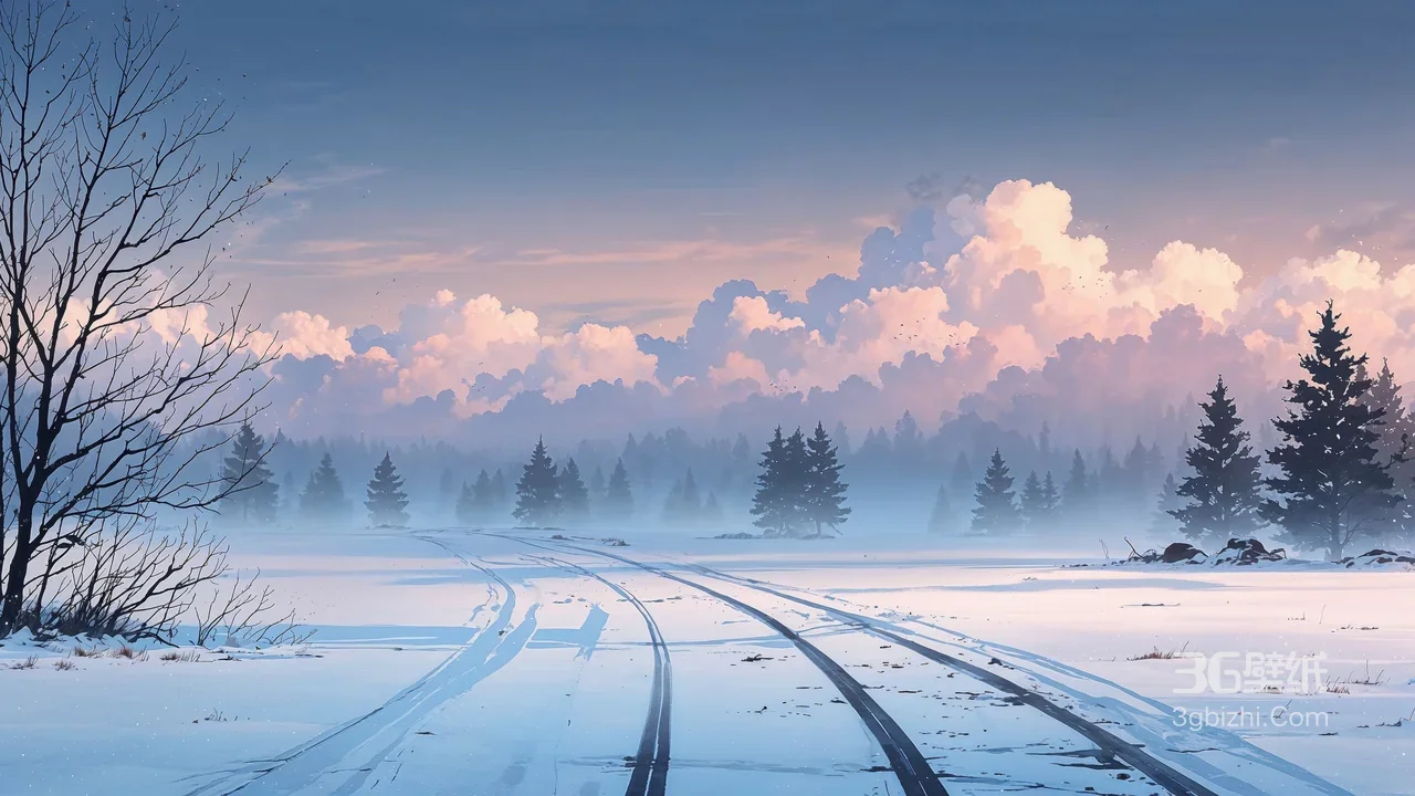 唯美冬日雪原车辙松林·粉蓝云霞 治愈系宽屏风景壁纸1