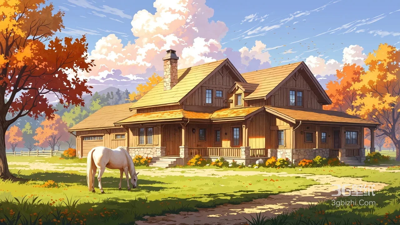 秋日乡村木屋白马·唯美动漫风 田园生活电脑壁纸1