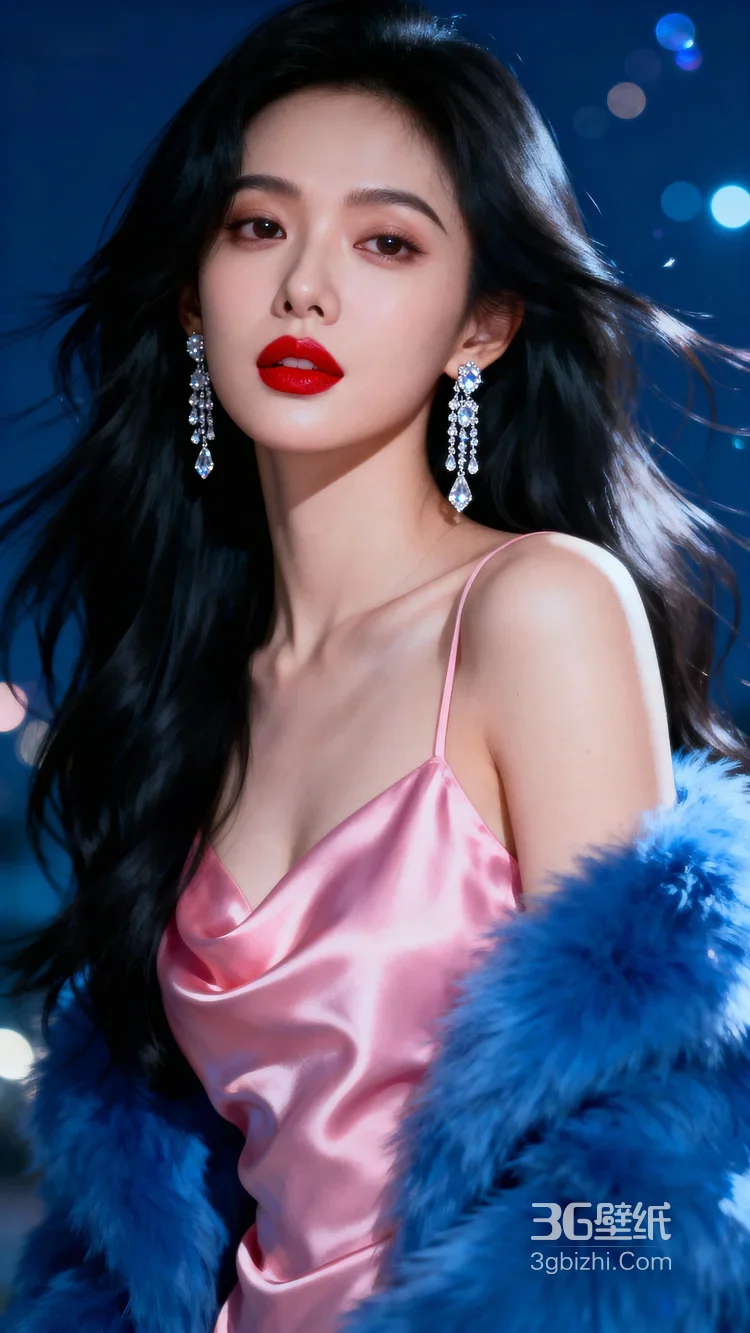 气质女性·粉色缎面裙+蓝色毛绒外套 钻石耳饰 华丽时尚风女神写真4