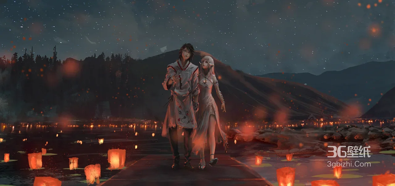 古风男女漫步河灯夜景 唯美国风 古风河灯电脑壁纸1