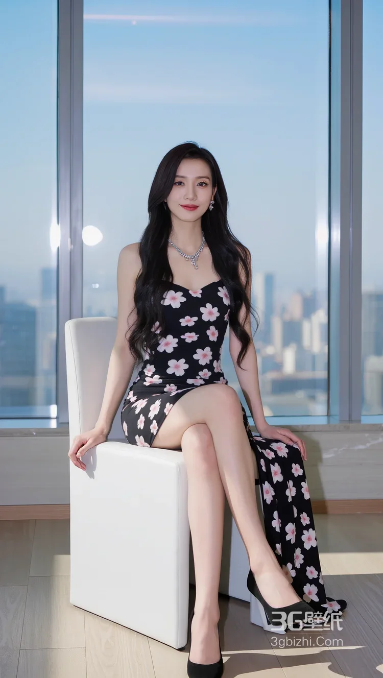 高颜女生·黑色碎花裙长发·都市窗边时尚唯美写真 女生写真参考套图1