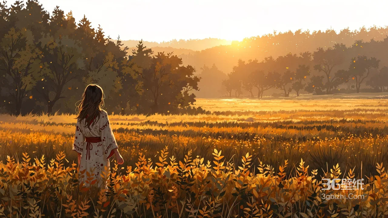 古风少女·金色草甸夕阳 唯美治愈系宽屏壁纸1