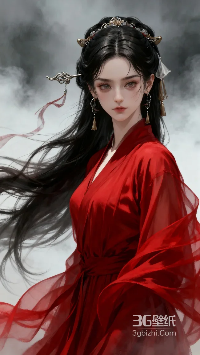 古风国风红衣侠女·长发飘曳 唯美仙侠氛围感手机壁纸