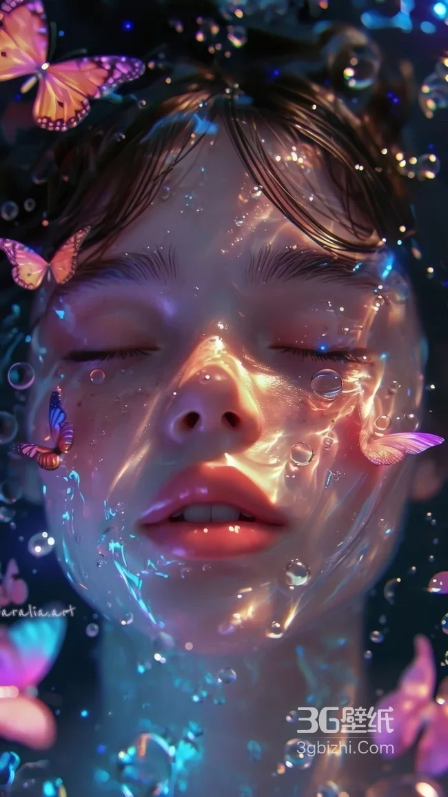 闭眼人物·蝴蝶泡泡环绕（araliaart梦幻唯美插画）手机壁纸1