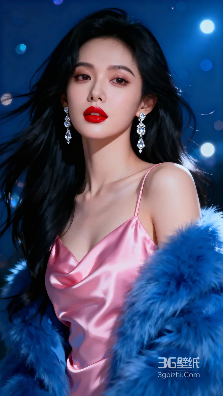 气质女性·粉色缎面裙+蓝色毛绒外套 钻石耳饰 华丽时尚风女神写真3