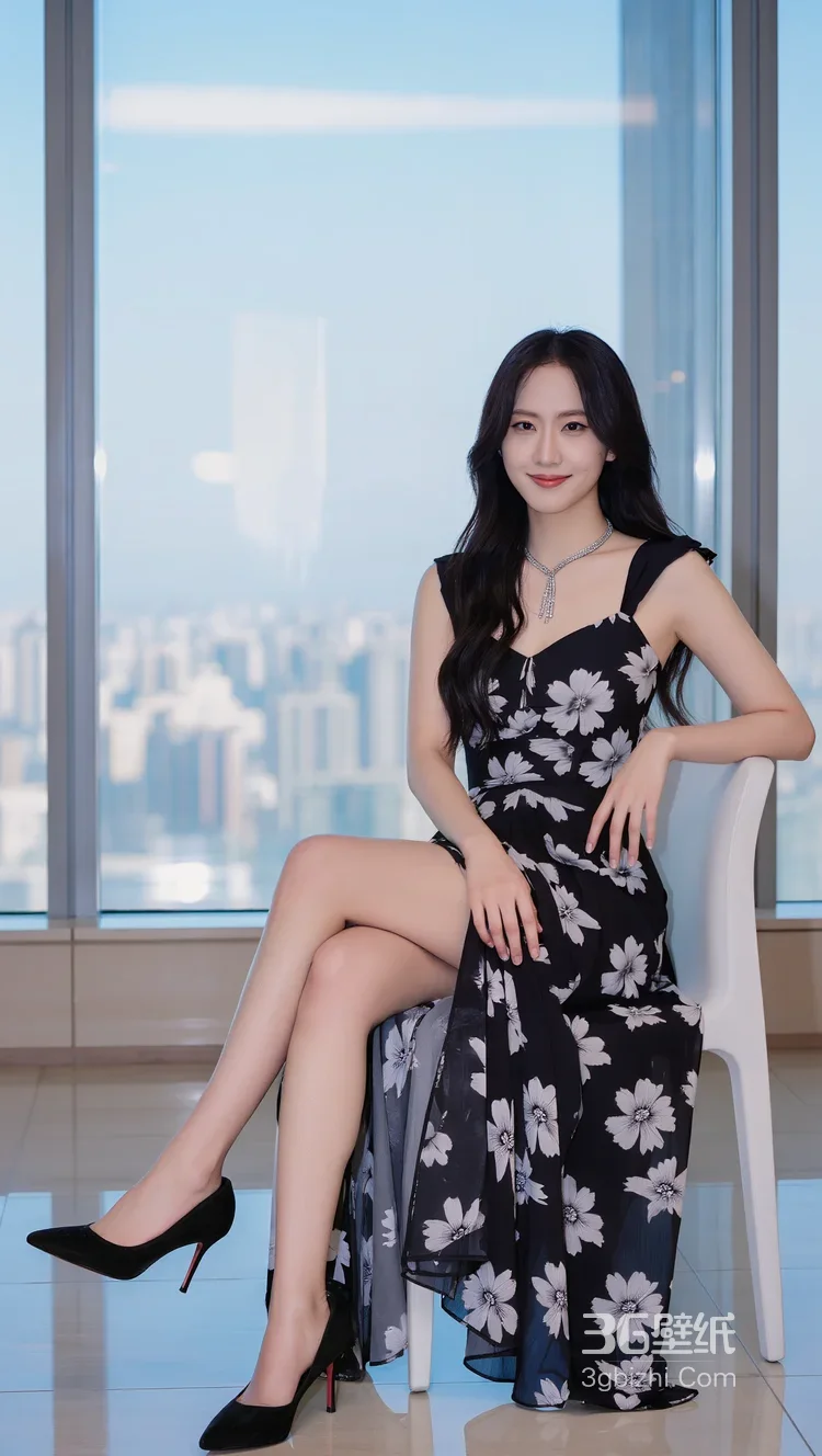 高颜女生·黑色碎花裙长发·都市窗边时尚唯美写真 女生写真参考套图5
