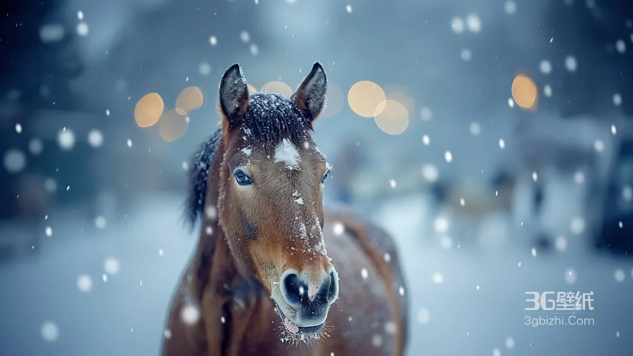 棕马·雪中蓝眸覆雪 唯美写实冬季电脑壁纸1