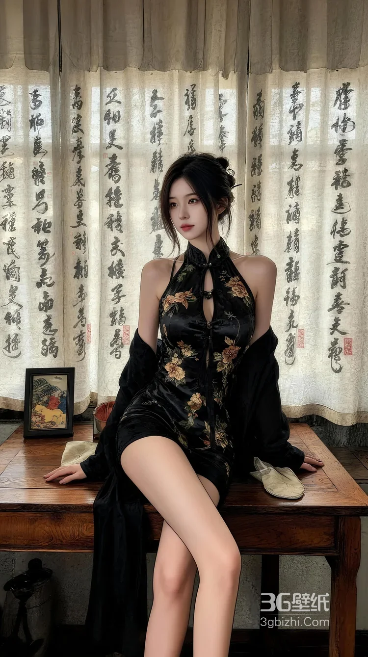 国风旗袍女生·黑金花旗袍复古坐姿 古风书法背景写真1