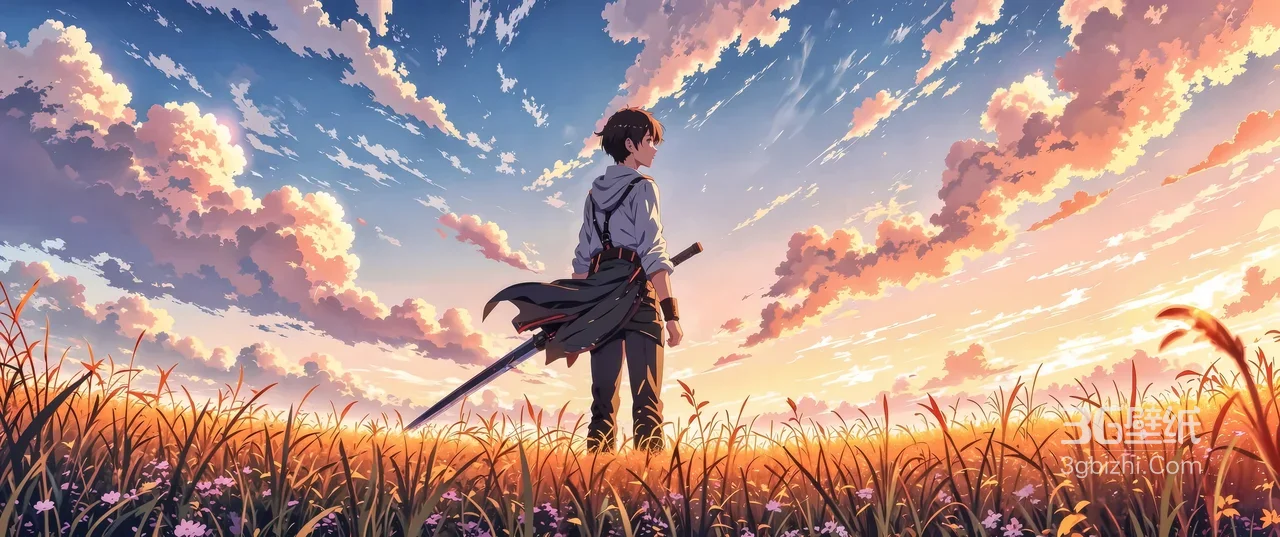 持剑少年·草甸云霞 唯美日系动漫风电脑壁纸1