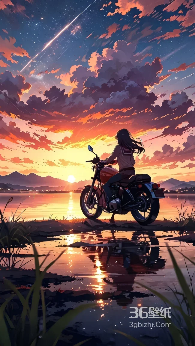二次元唯美·摩托少女湖畔日落 星空晚霞治愈手机壁纸