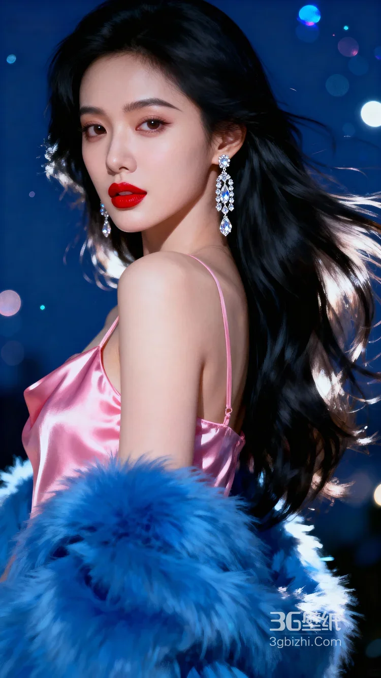 气质女性·粉色缎面裙+蓝色毛绒外套 钻石耳饰 华丽时尚风女神写真2