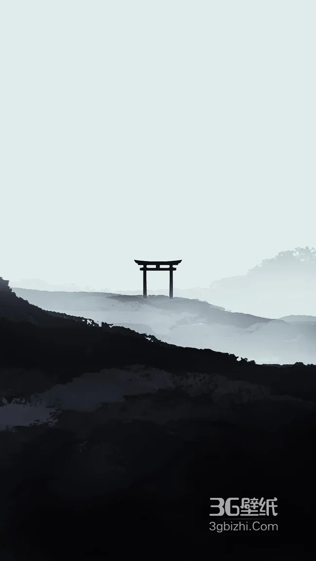 鸟居·暗黑水墨风·层叠雾中山峦 日式禅意壁纸精选