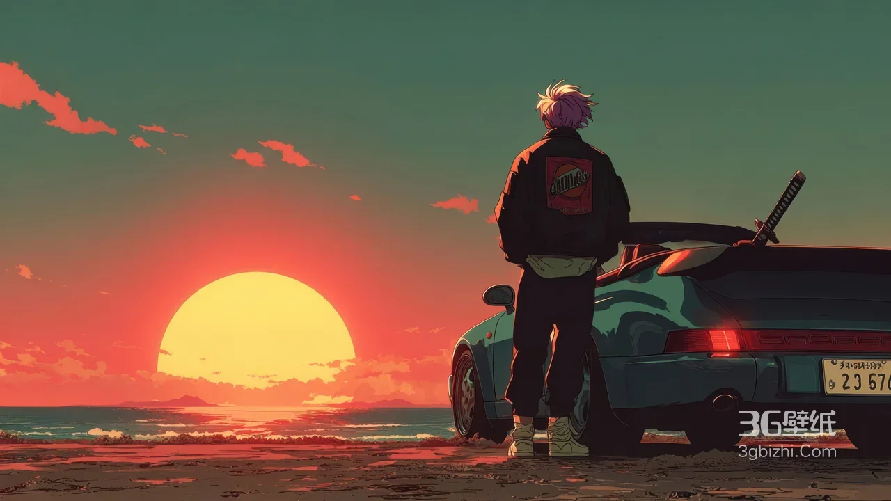 紫发少年·复古跑车 二次元日落海边电脑壁纸1