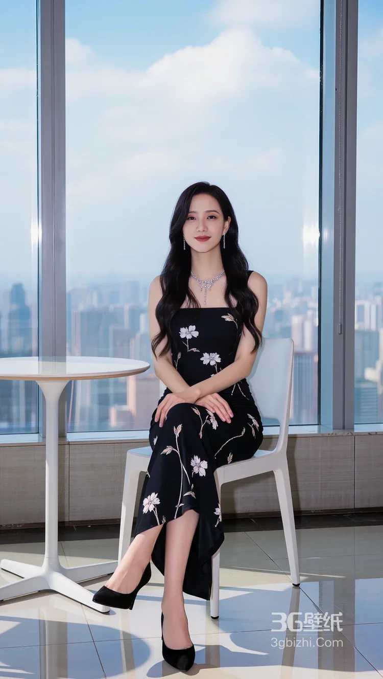 高颜女生·黑色碎花裙长发·都市窗边时尚唯美写真 女生写真参考套图3