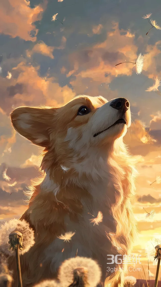 柯基·仰头追蒲公英 唯美插画风黄昏 治愈系手机壁纸推荐1