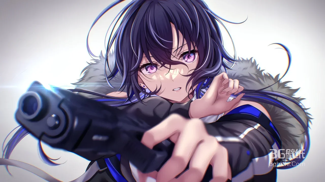 二次元持枪紫发少女·紫瞳毛领装束 高画质动漫壁纸1