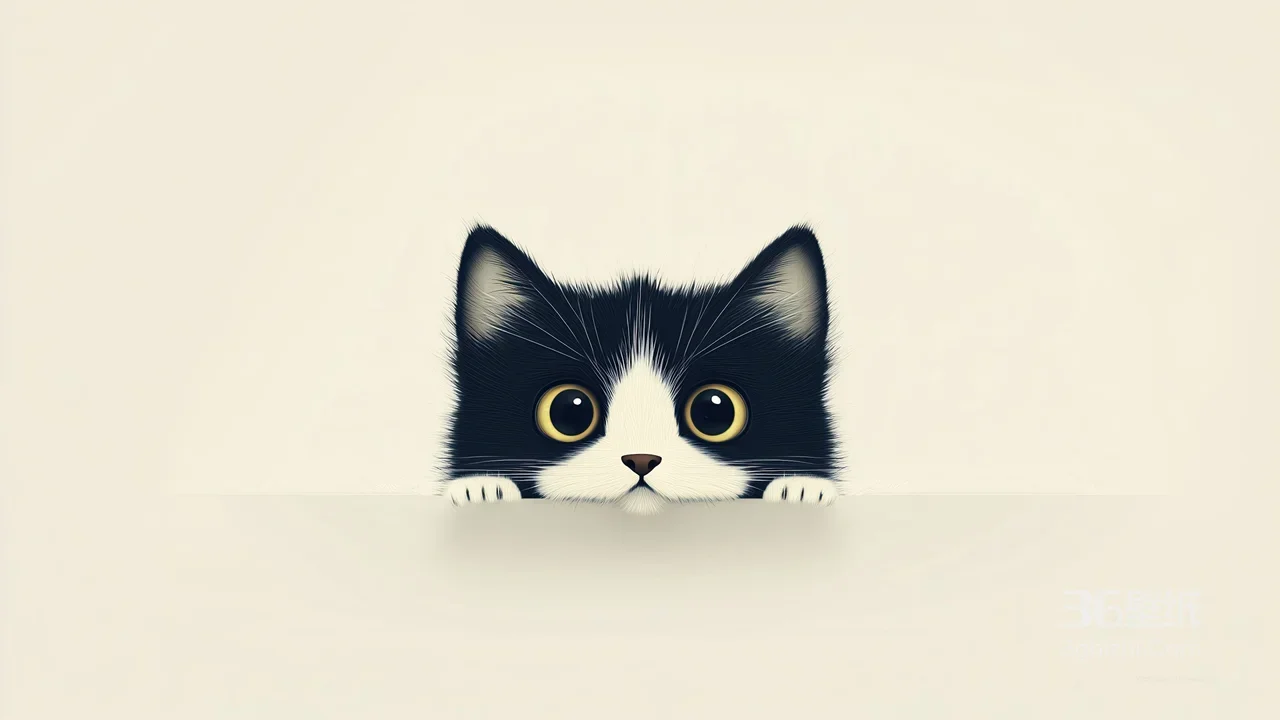 黑白萌猫·探沿张望 治愈写实风 萌系桌面背景1