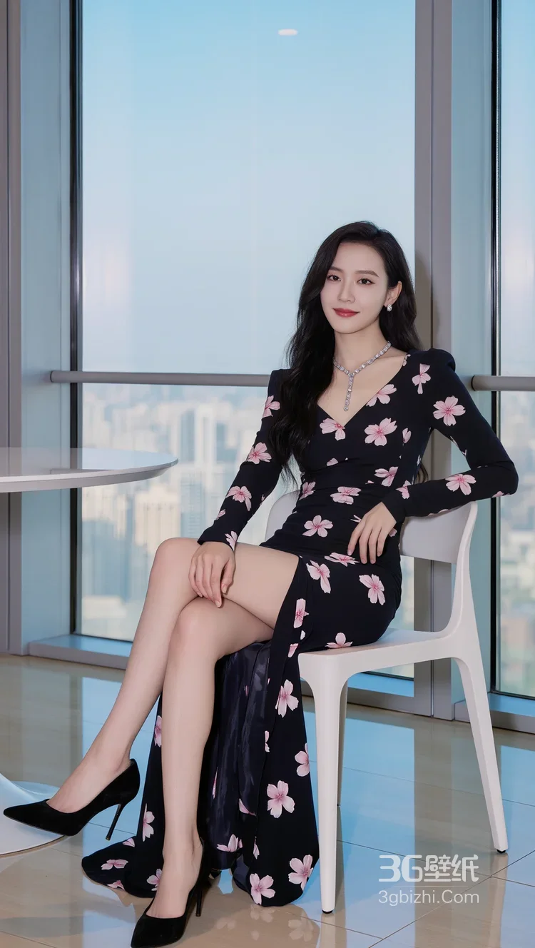 高颜女生·黑色碎花裙长发·都市窗边时尚唯美写真 女生写真参考套图4