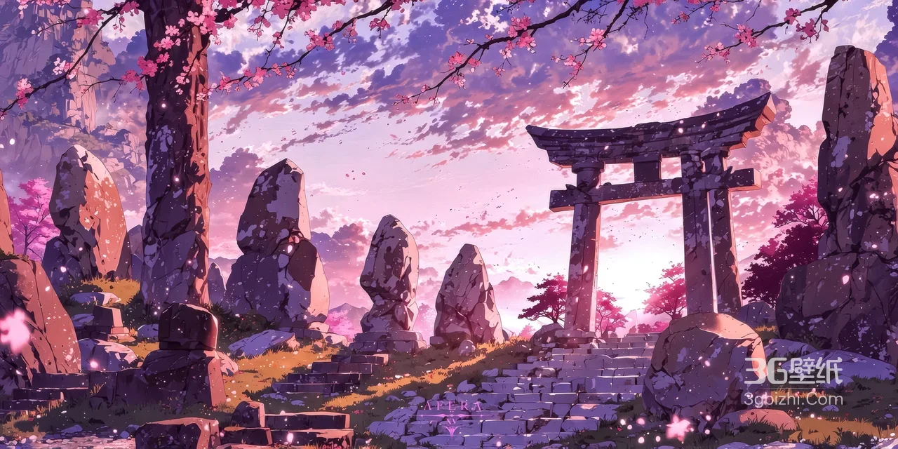日式鸟居樱花秘境·二次元唯美插画 动漫风电脑桌面背景1