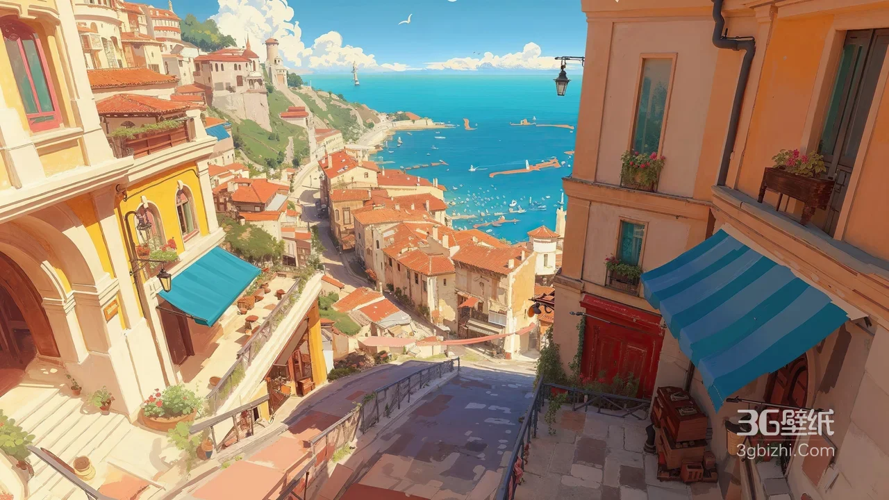 地中海沿海小镇·唯美二次元插画 清新海景城镇超高清电脑壁纸1