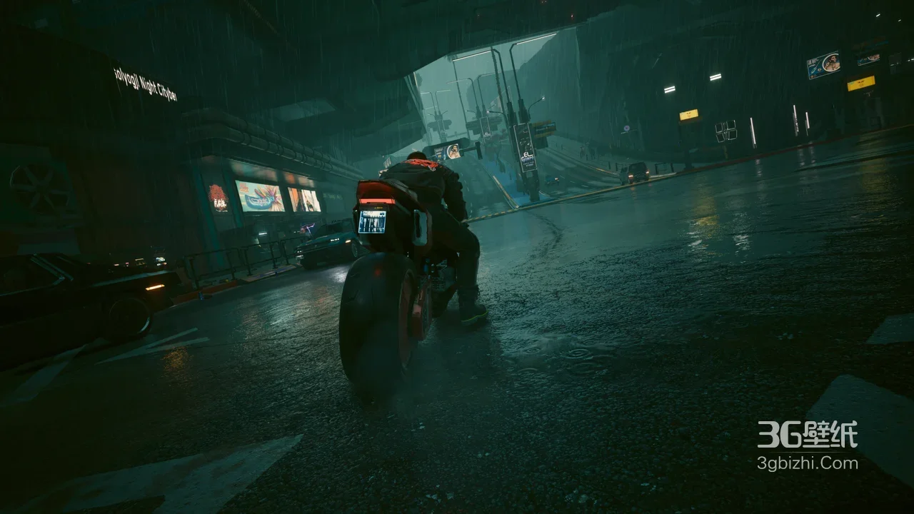 赛博朋克2077 雨夜摩托骑行 暗黑赛博都市科幻场景1
