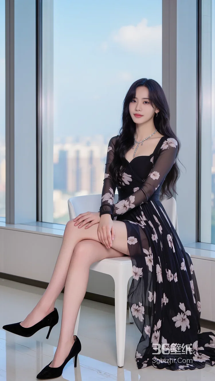 高颜女生·黑色碎花裙长发·都市窗边时尚唯美写真 女生写真参考套图2