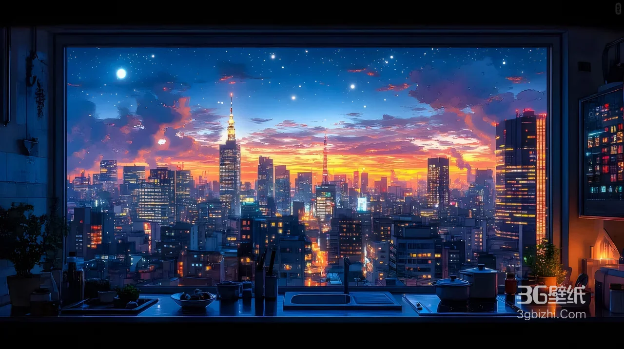 日式动漫风厨房外都市黄昏夜景 高画质桌面背景1