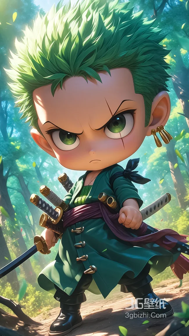 Q版罗罗诺亚·索隆·海贼王萌系热血森林场景手机壁纸1