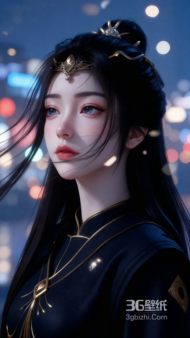 国风美女·元瑶·黑金华服金冠 都市光斑 国风赛博超火古风壁纸1