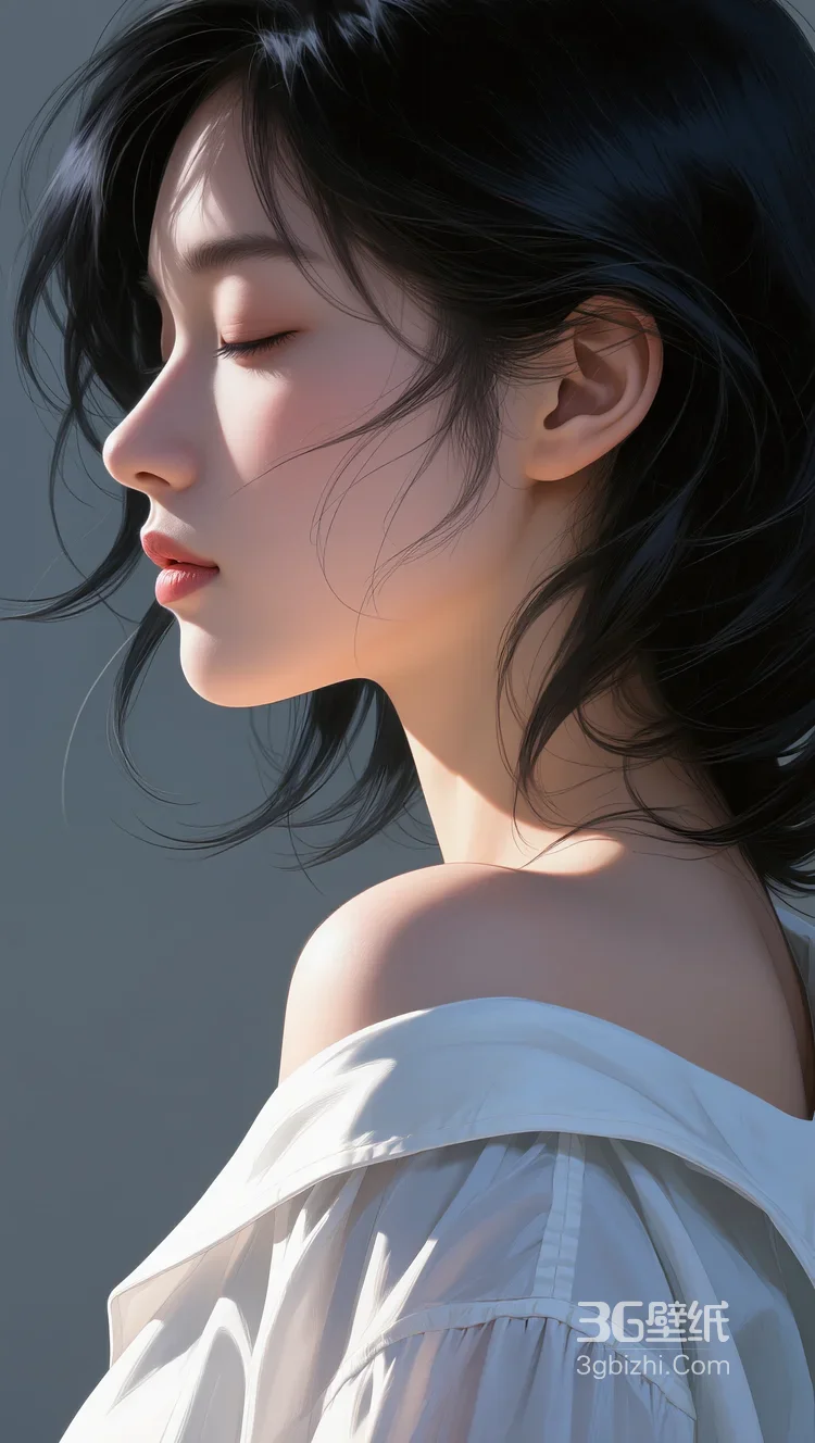 唯美写实风AI绘画女生·白色露肩裙发丝飘动 热门清新女生肖像5