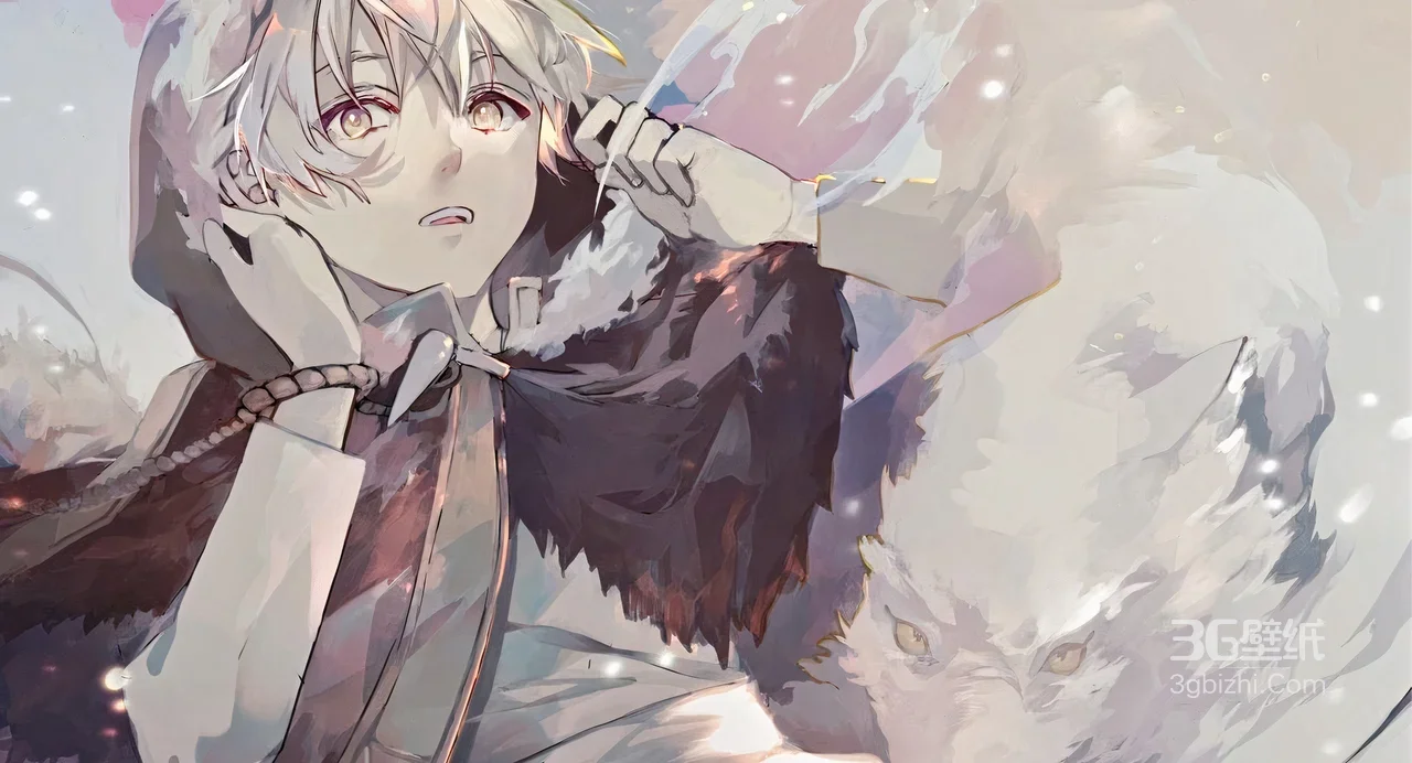 银发红瞳少年·白狼守护 唯美动漫风插画 超人气桌面背景1
