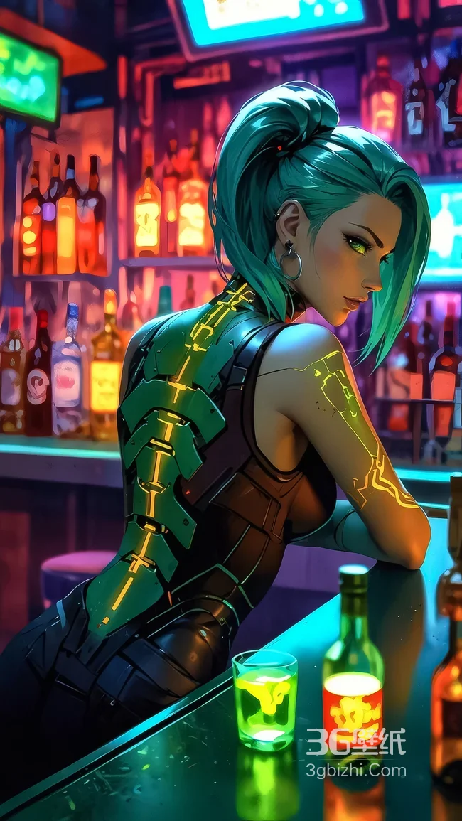 赛博义体蓝发女·绿甲发光线条 赛博朋克酒吧 赛博朋克手机壁纸1