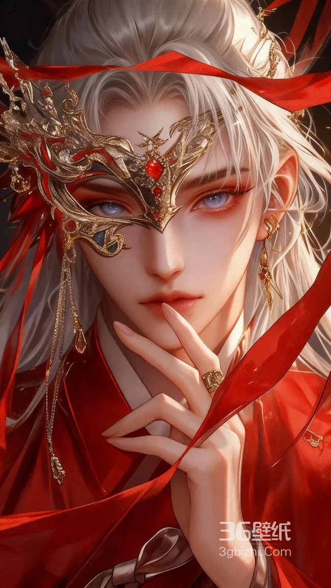 银发古风帅哥·红金面具红衣·国风华丽古风美男壁纸1