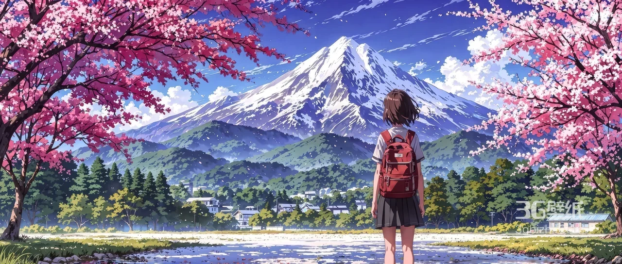 日系校服女学生背影·樱花富士山乡野 唯美日系风 高清宽屏桌面背景1